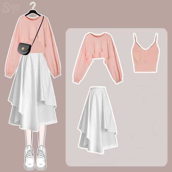 ピンク/シャツ+キャミソール+ホワイト/スカート